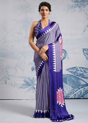 Purple printed satin saree with blouse piece 2