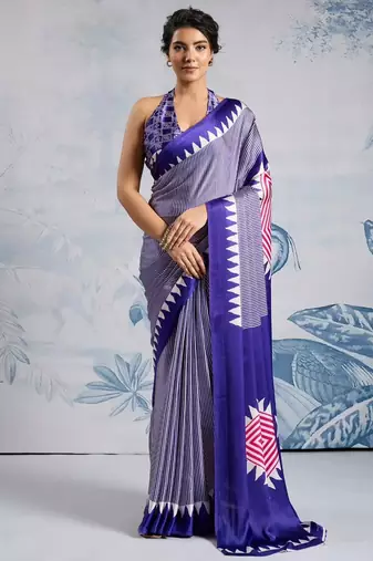 Purple printed satin saree with blouse piece