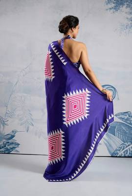 Purple printed satin saree with blouse piece 3