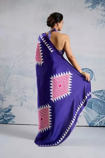 Purple printed satin saree with blouse piece
