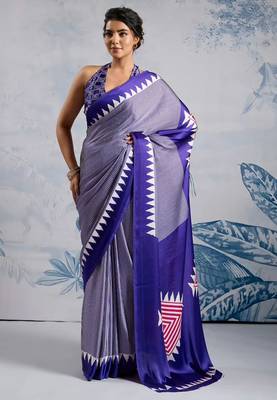 Purple printed satin saree with blouse piece 4