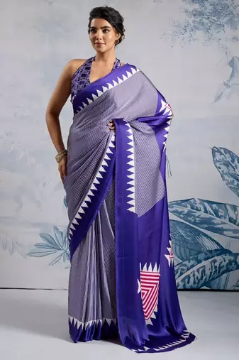 Purple printed satin saree with blouse piece