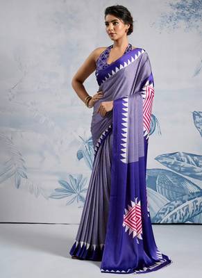 Purple printed satin saree with blouse piece 5