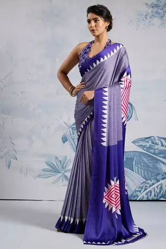 Purple printed satin saree with blouse piece