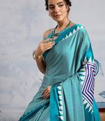 Turquoise printed satin saree with blouse piece