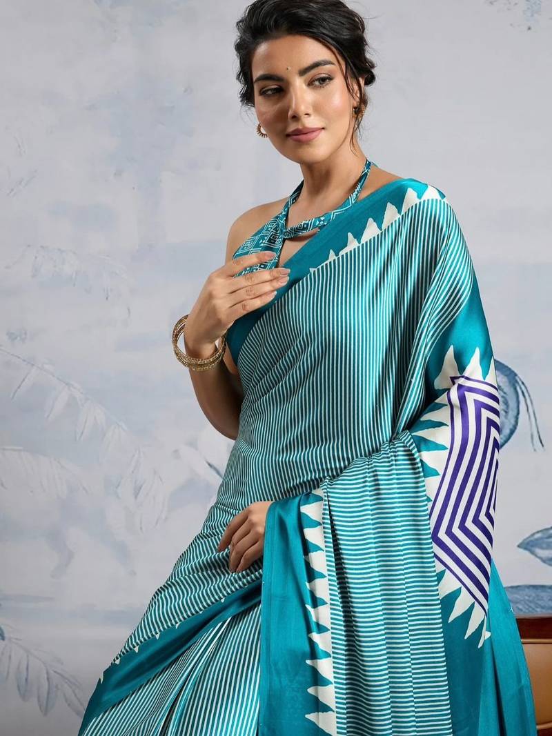 Turquoise printed satin saree with blouse piece