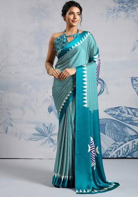 Turquoise printed satin saree with blouse piece 2