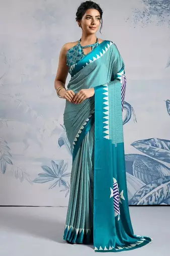 Turquoise printed satin saree with blouse piece