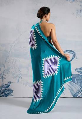 Turquoise printed satin saree with blouse piece 3