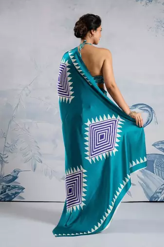 Turquoise printed satin saree with blouse piece