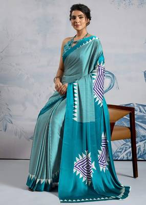 Turquoise printed satin saree with blouse piece 4
