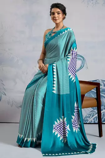 Turquoise printed satin saree with blouse piece