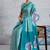 Turquoise printed satin saree with blouse piece