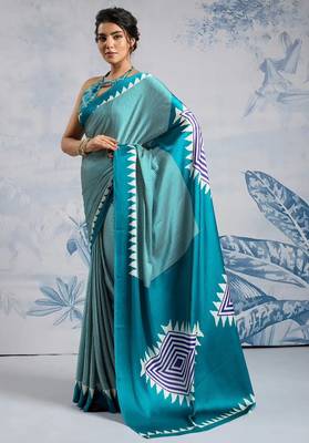 Turquoise printed satin saree with blouse piece 5