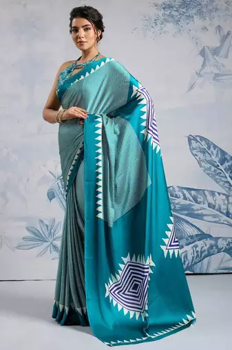 Turquoise printed satin saree with blouse piece