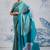 Turquoise printed satin saree with blouse piece