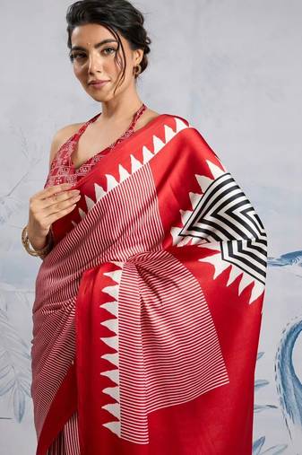 Red printed satin saree with blouse piece