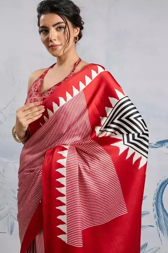 Red printed satin saree with blouse piece