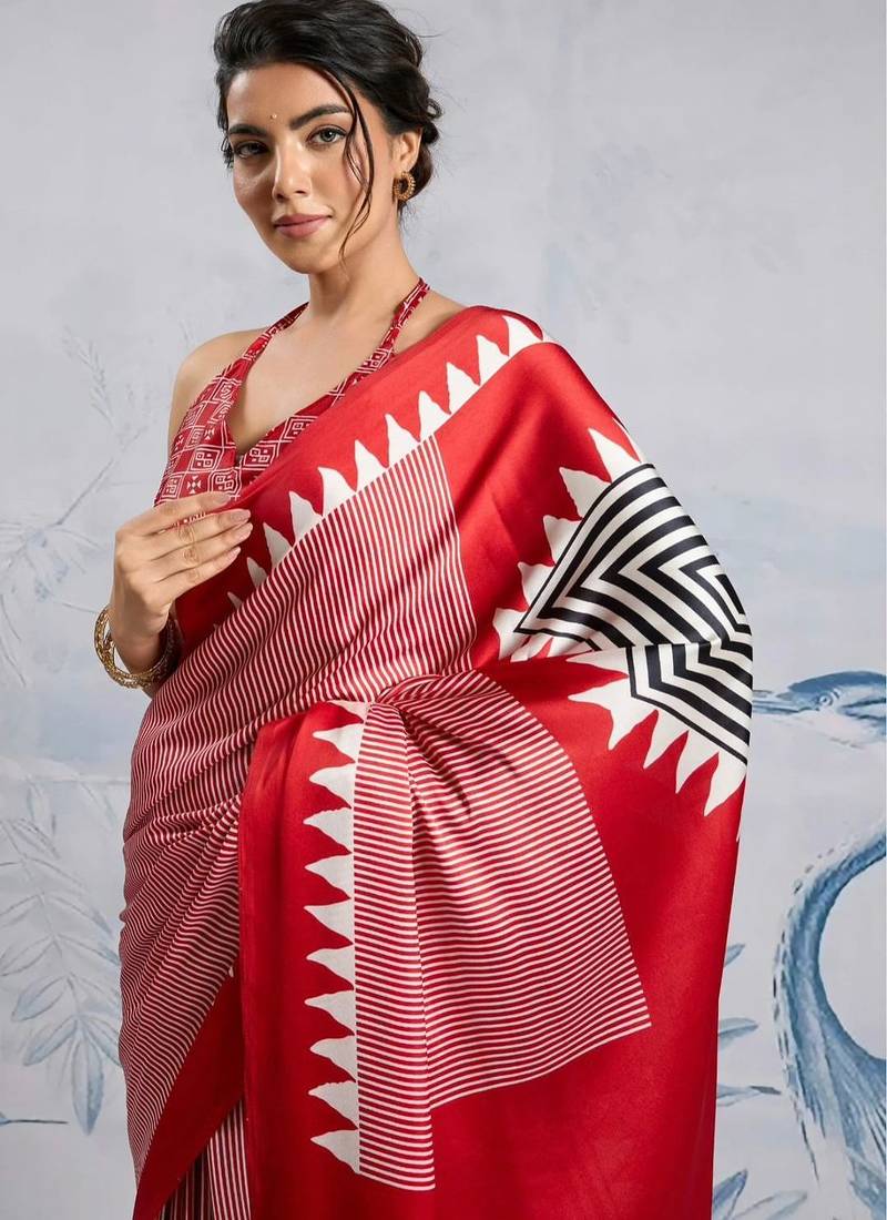 Red printed satin saree with blouse piece