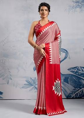 Red printed satin saree with blouse piece 2