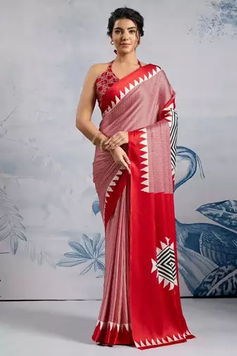 Red printed satin saree with blouse piece