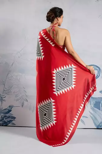 Red printed satin saree with blouse piece