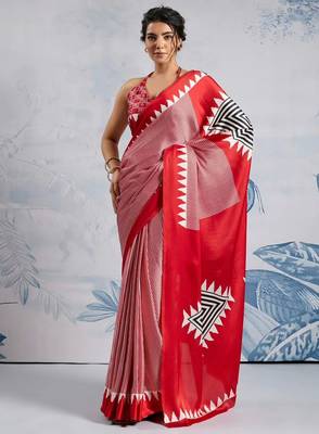 Red printed satin saree with blouse piece 4