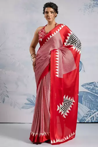 Red printed satin saree with blouse piece