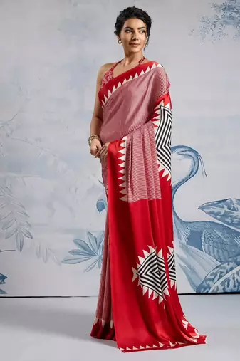 Red printed satin saree with blouse piece