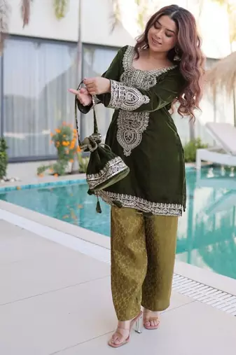 Green Velvet Zari Coding Work Kurta Set