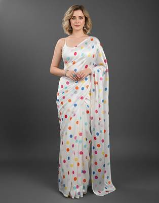 White printed satin bridesmaid saree with blouse piece 1