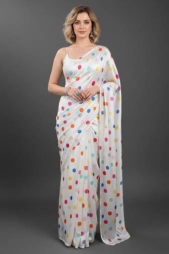 White printed satin saree with blouse piece