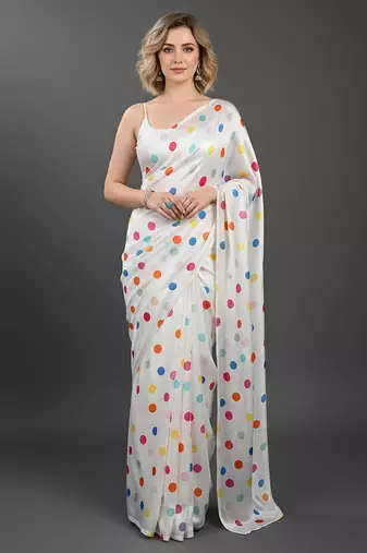 White printed satin saree with blouse piece