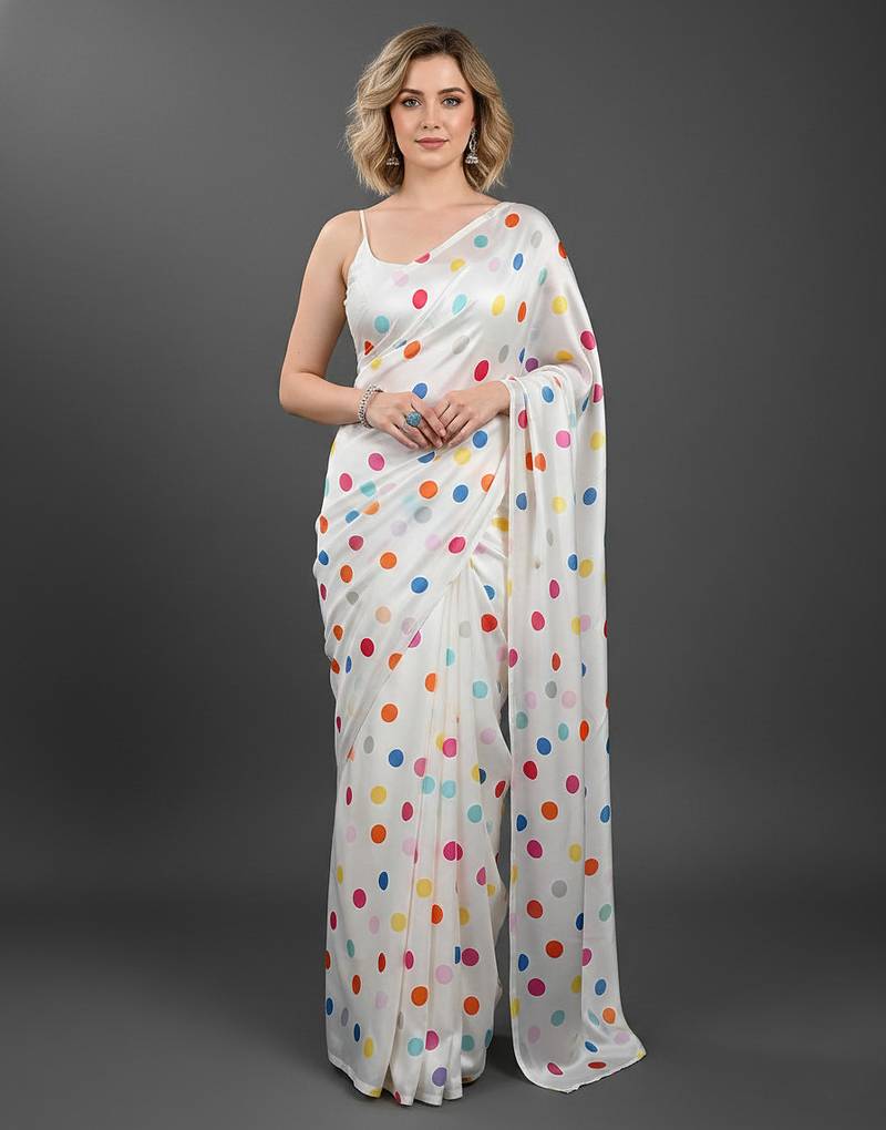 White printed satin saree with blouse piece