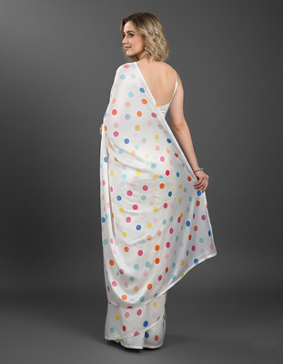 White printed satin bridesmaid saree with blouse piece 2