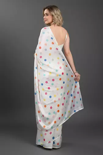 White printed satin bridesmaid saree with blouse piece
