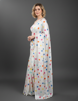 White printed satin bridesmaid saree with blouse piece 3