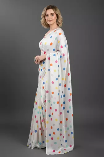 White printed satin bridesmaid saree with blouse piece