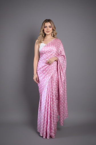 Pink printed satin saree with blouse piece