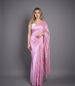 Pink printed satin saree with blouse piece