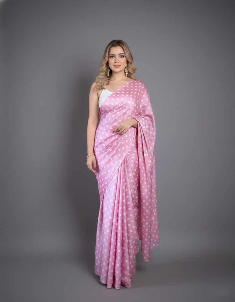 Pink printed satin saree with blouse piece