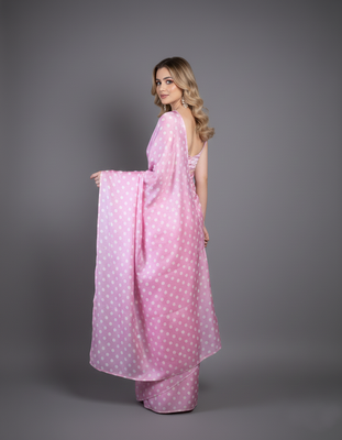 Pink printed satin bridesmaid saree with blouse piece 2