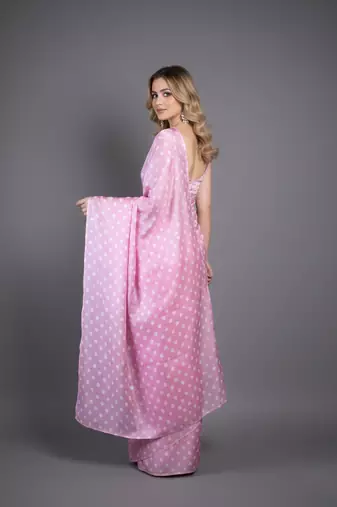 Pink printed satin bridesmaid saree with blouse piece