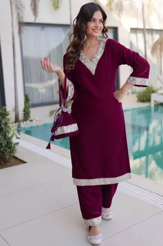 Wine Velvet Zari & Mirror Work Kurta Set