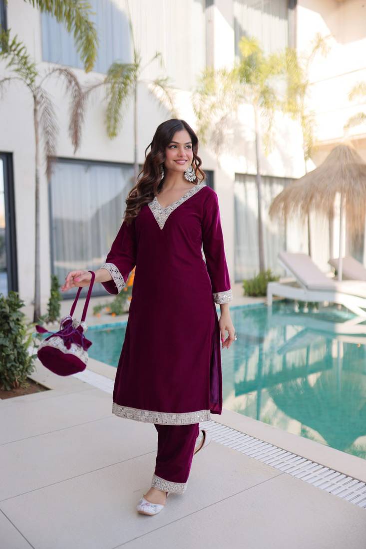 Wine Velvet Zari & Mirror Work Kurta Set