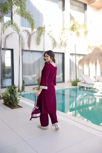Wine Velvet Zari & Mirror Work Kurta Set
