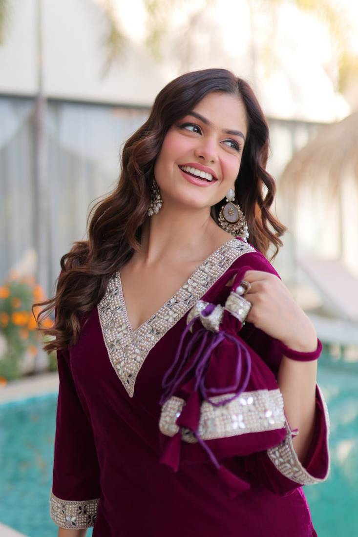 Wine Velvet Zari & Mirror Work Kurta Set