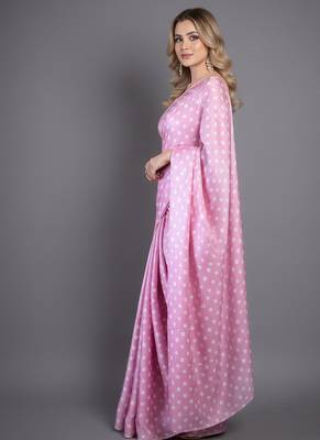 Pink printed satin bridesmaid saree with blouse piece 3