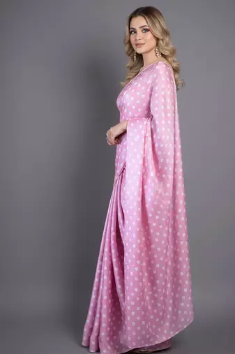 Pink printed satin bridesmaid saree with blouse piece