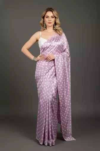 Mauve printed satin saree with blouse piece